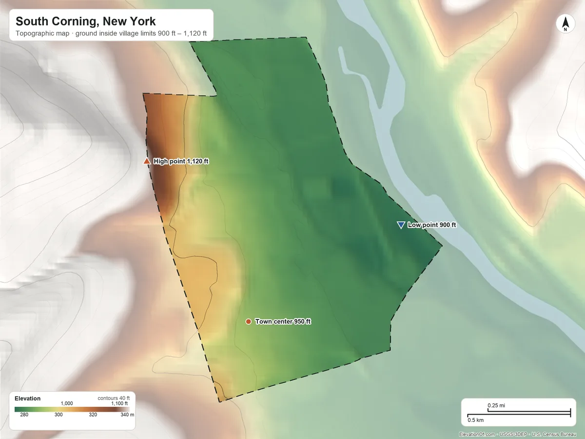 Topographic elevation map of South Corning, New York, shaded from 900 ft on the northeast side to 1,120 ft on the northwest edge, below higher ground just outside