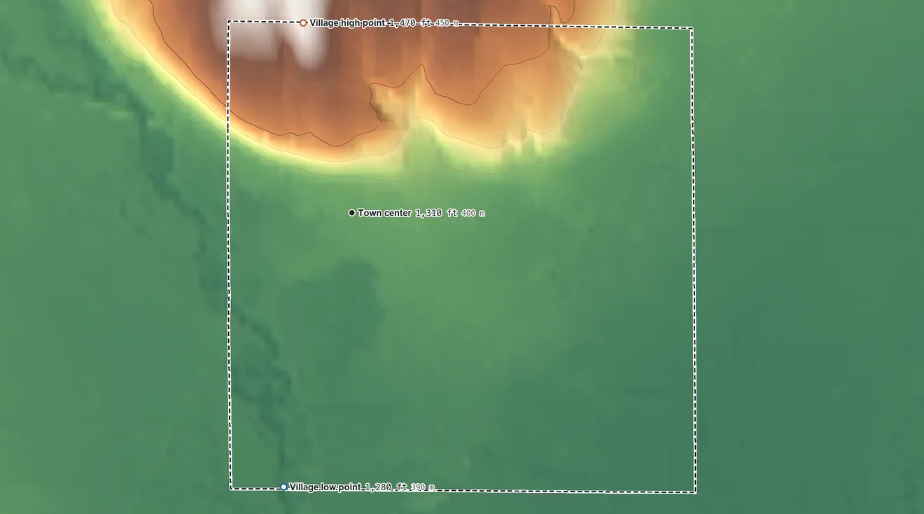 Topographic elevation map of South Dayton, New York, shaded from 1,280 ft on the south side to 1,470 ft on the north side