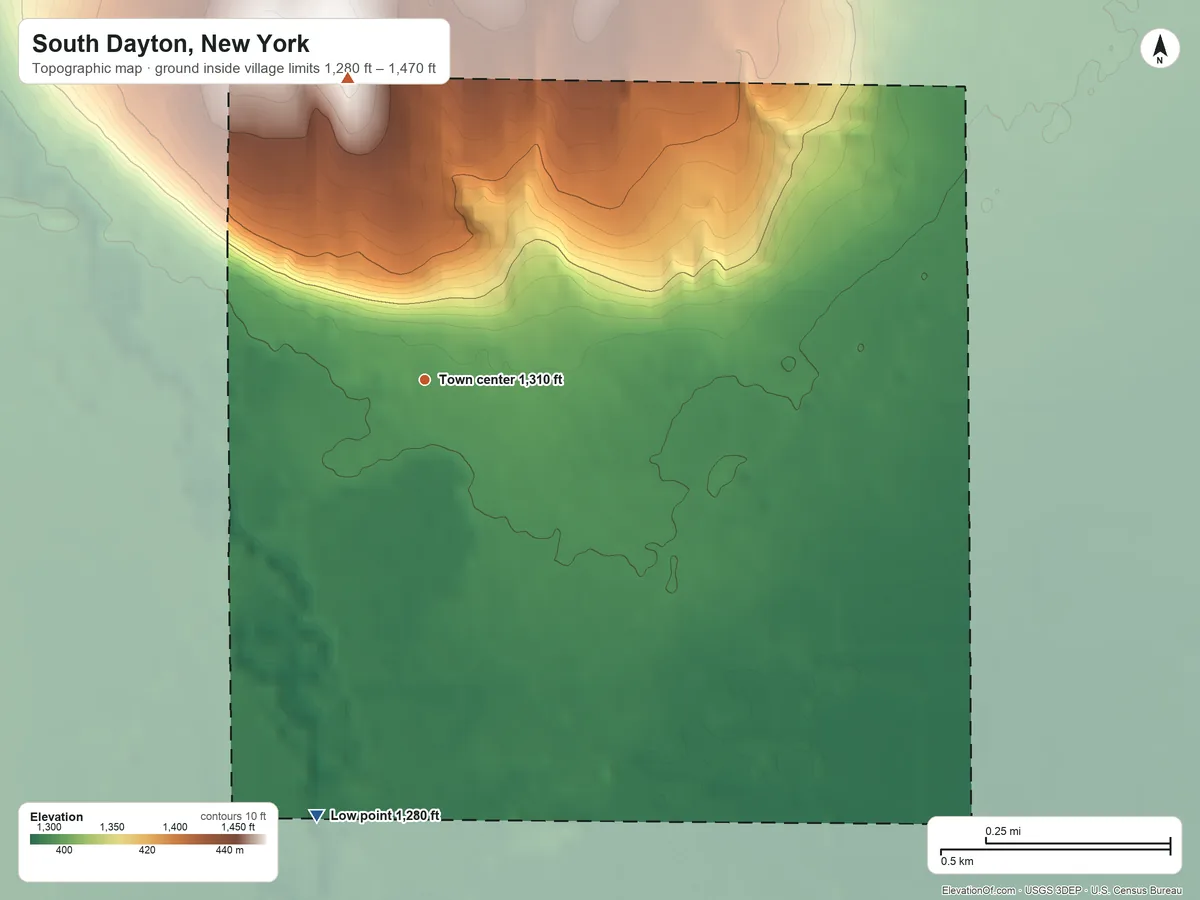 Topographic elevation map of South Dayton, New York, shaded from 1,280 ft on the south side to 1,470 ft on the north side