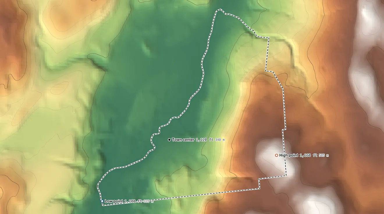 Topographic elevation map of South Edmeston, New York, shaded from 1,100 ft on the southwest side to 1,660 ft on the east side