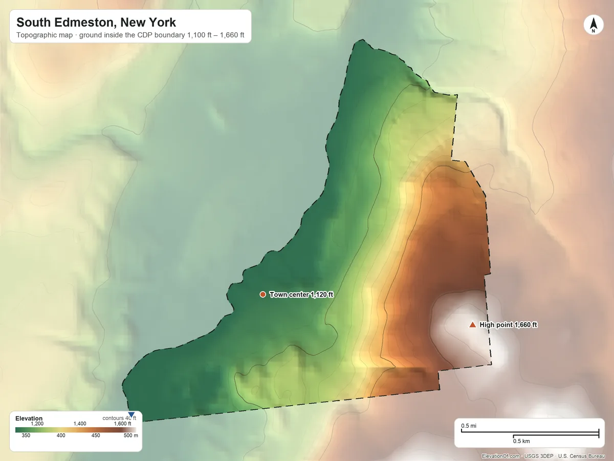 Topographic elevation map of South Edmeston, New York, shaded from 1,100 ft on the southwest side to 1,660 ft on the east side