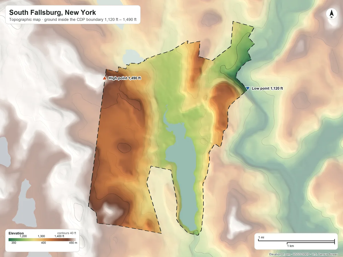 Topographic elevation map of South Fallsburg, New York, shaded from 1,120 ft on the east side to 1,490 ft on the west side