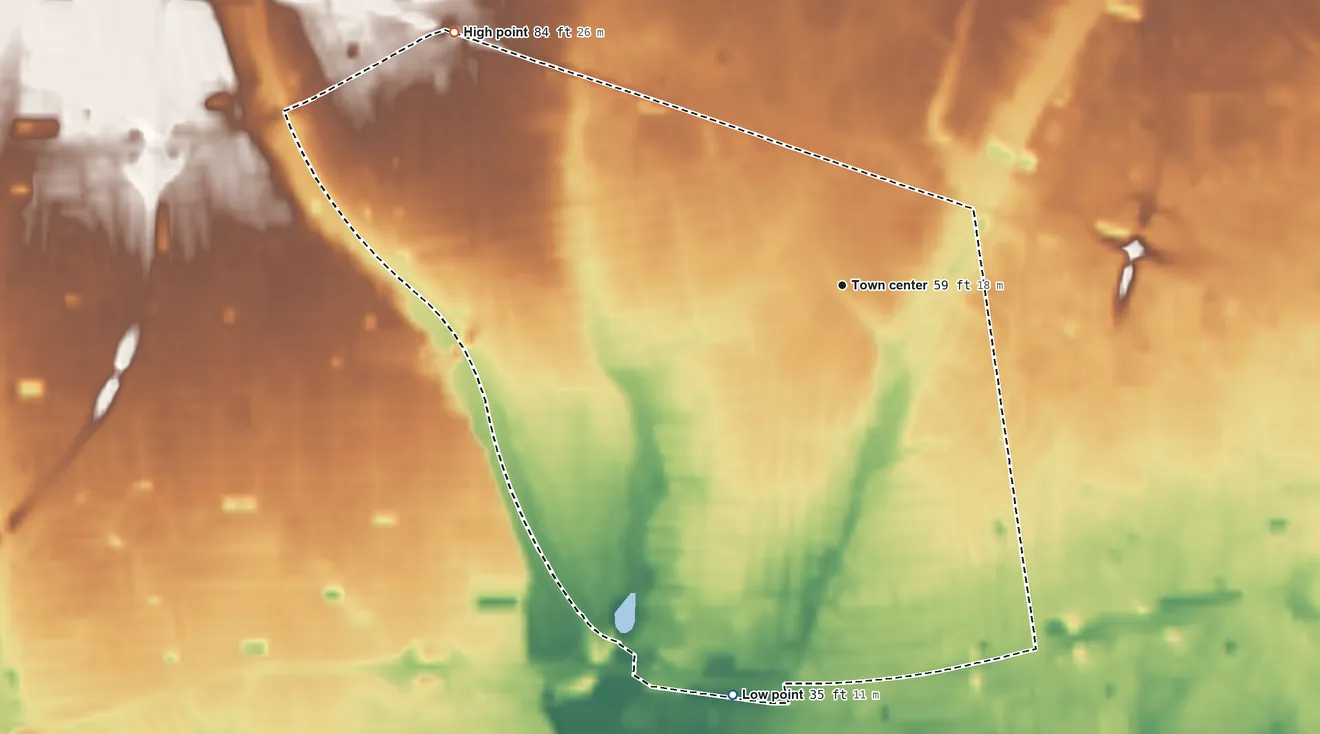 Topographic elevation map of South Farmingdale, New York, shaded from 35 ft on the south side to 84 ft on the northwest side