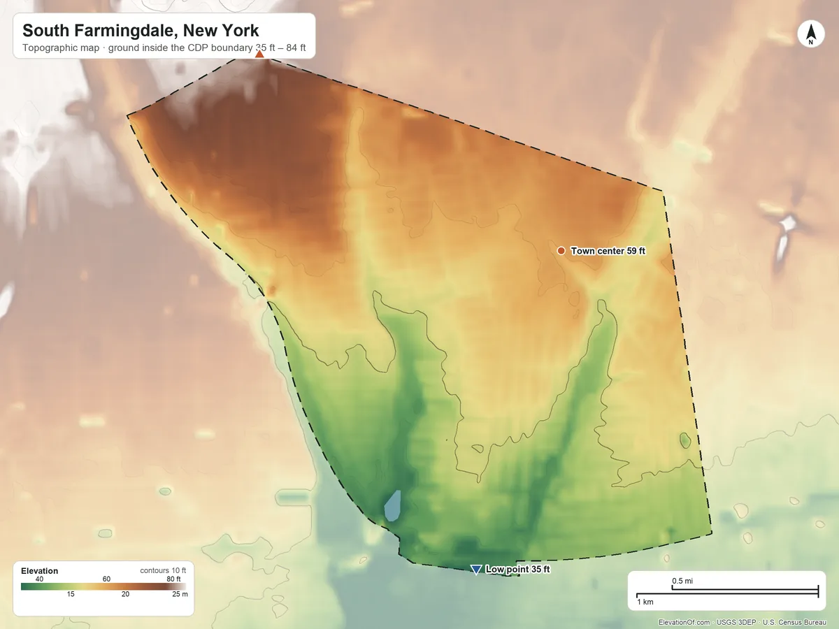 Topographic elevation map of South Farmingdale, New York, shaded from 35 ft on the south side to 84 ft on the northwest side