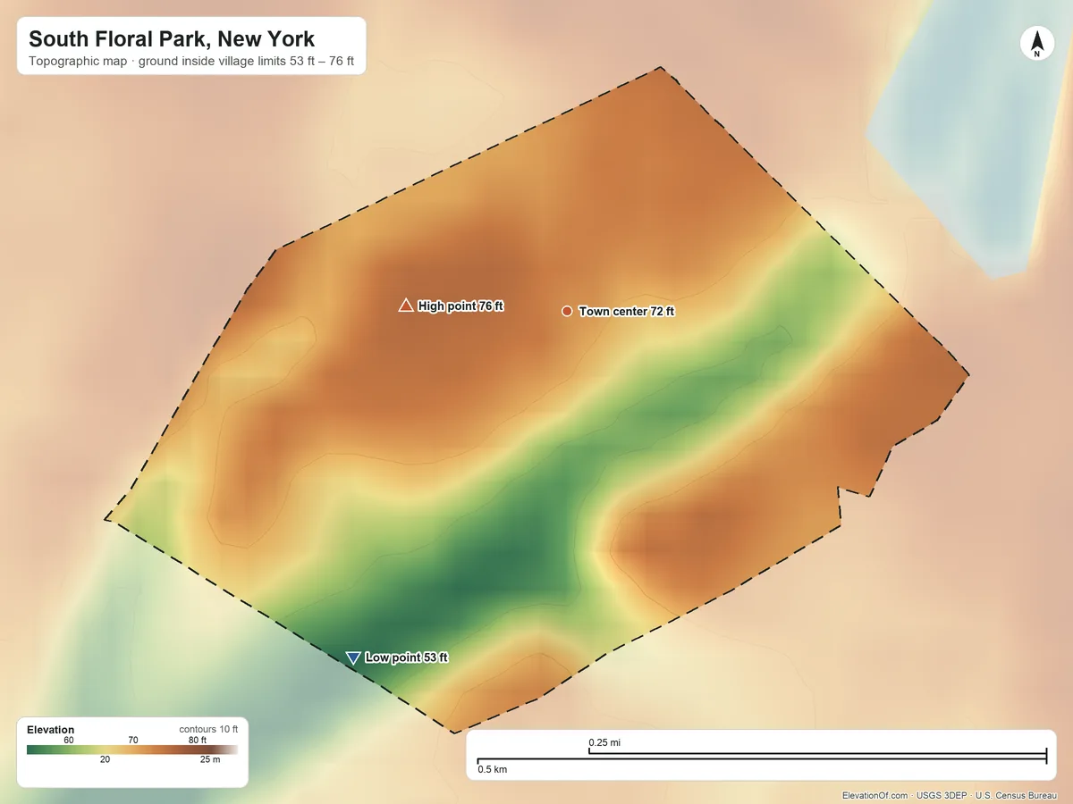 Topographic elevation map of South Floral Park, New York, shaded from 53 ft on the southwest side to 76 ft on the west side