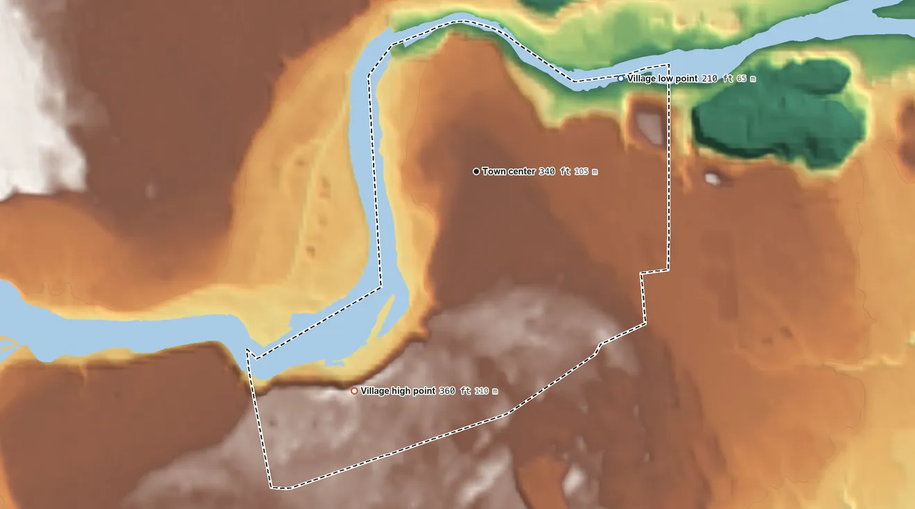 Topographic elevation map of South Glens Falls, New York, shaded from 210 ft on the northeast side to 360 ft on the southwest side