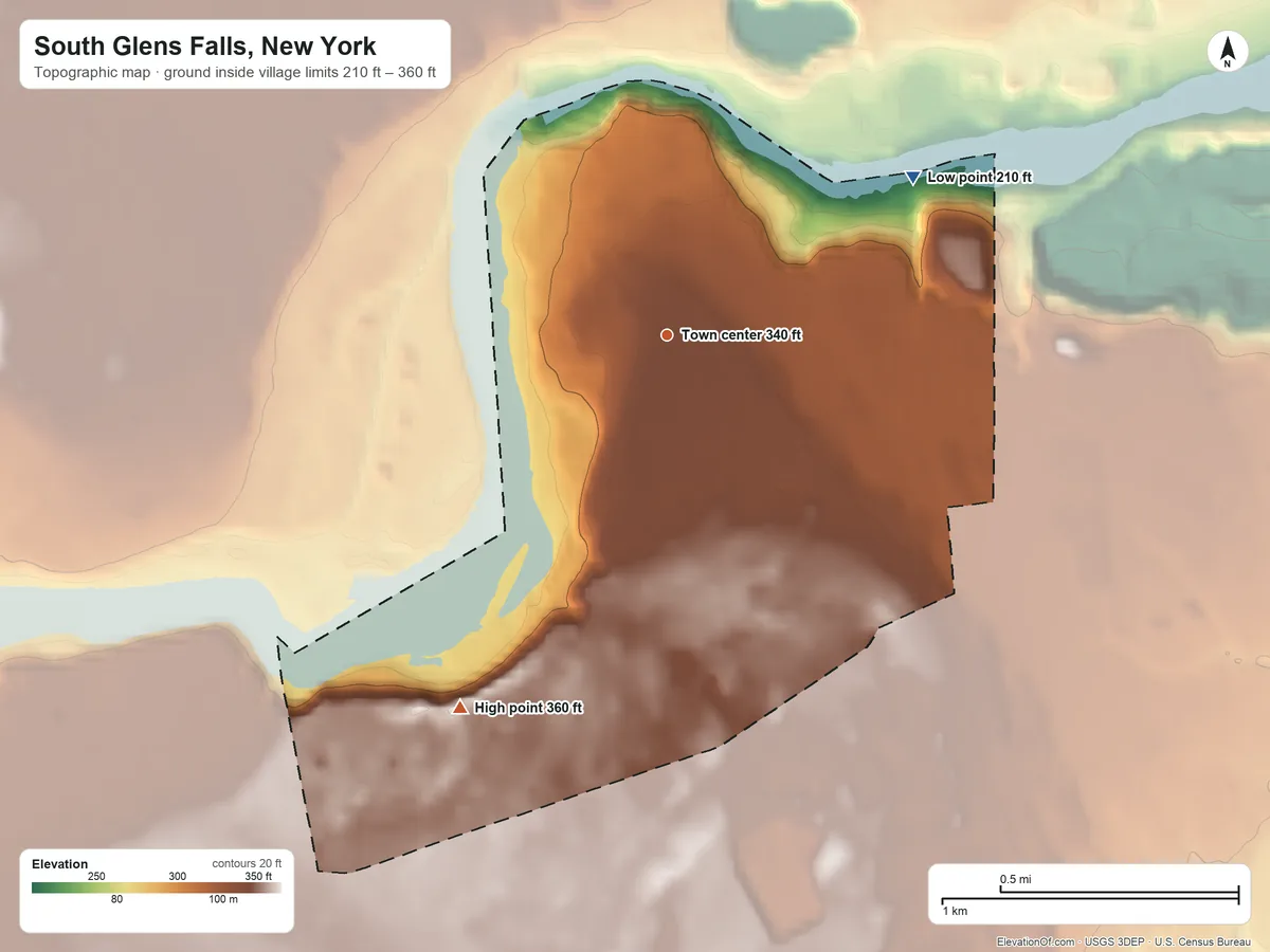 Topographic elevation map of South Glens Falls, New York, shaded from 210 ft on the northeast side to 360 ft on the southwest side