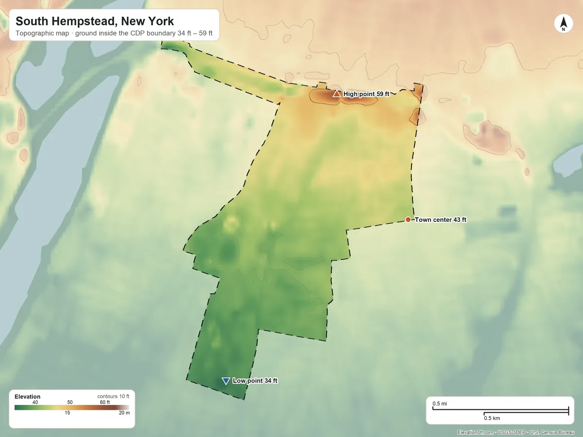 Topographic elevation map of South Hempstead, New York, shaded from 34 ft on the southwest side to 59 ft on the northwest side