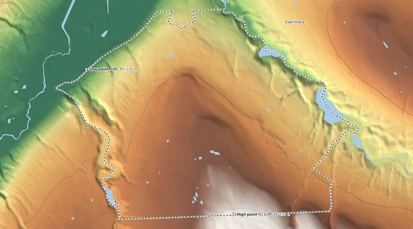 Topographic elevation map of South Hill, New York, shaded from 400 ft on the west side to 1,420 ft on the south side