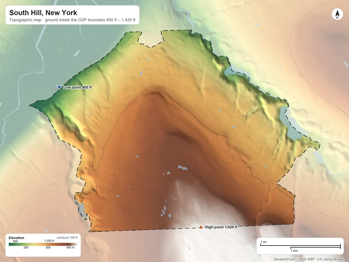 Topographic elevation map of South Hill, New York, shaded from 400 ft on the west side to 1,420 ft on the south side