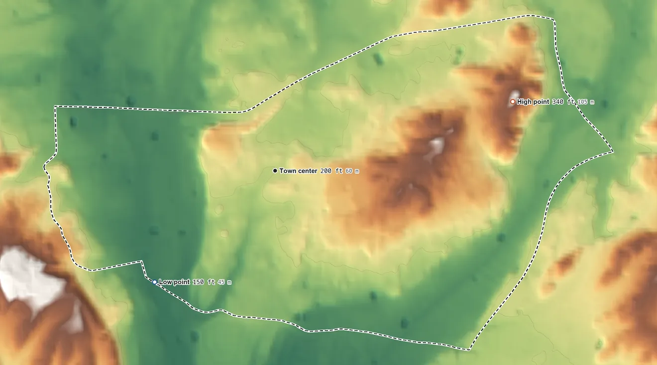 Topographic elevation map of South Huntington, New York, shaded from 150 ft on the southwest side to 340 ft on the east side