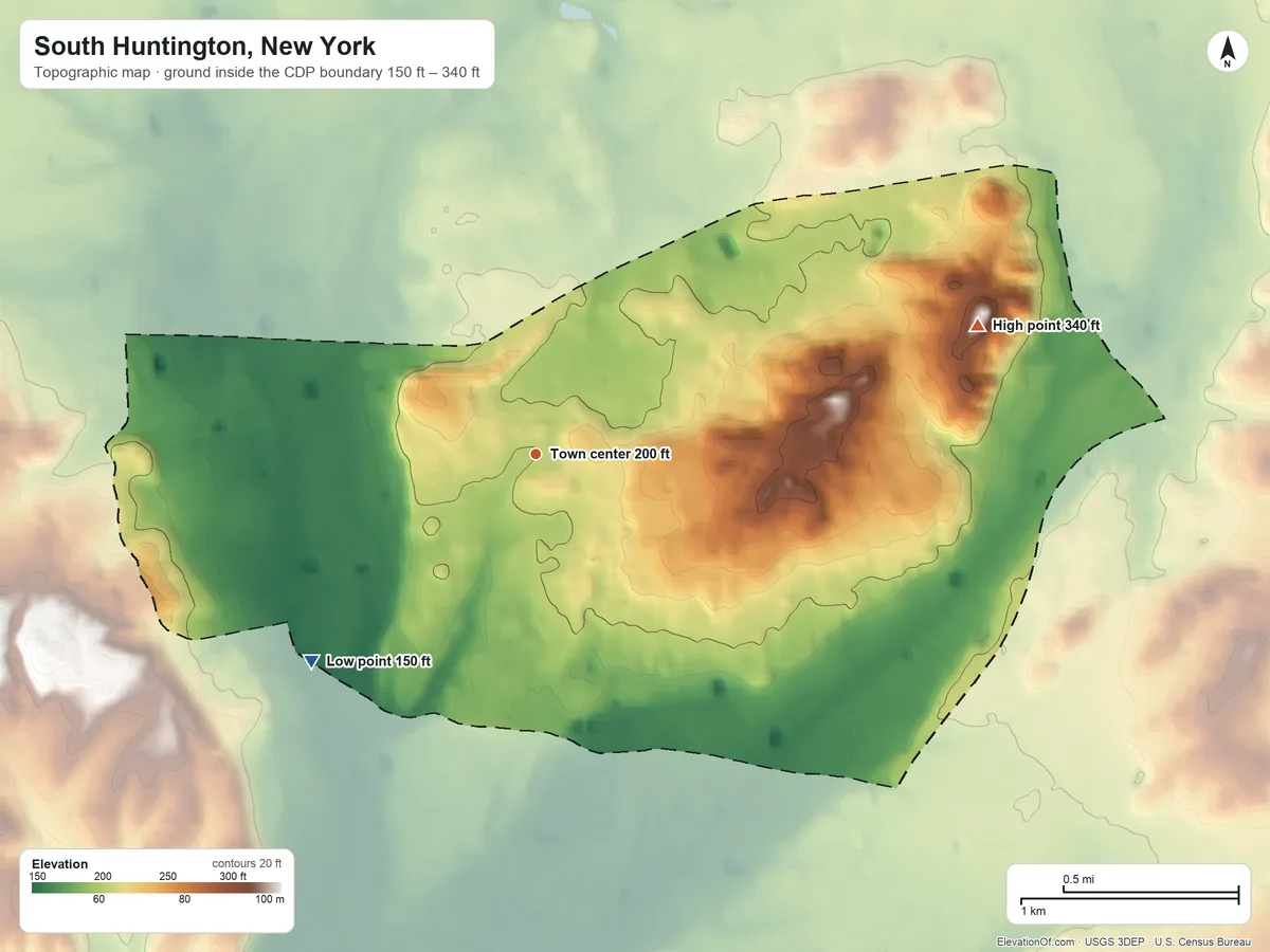 Topographic elevation map of South Huntington, New York, shaded from 150 ft on the southwest side to 340 ft on the east side