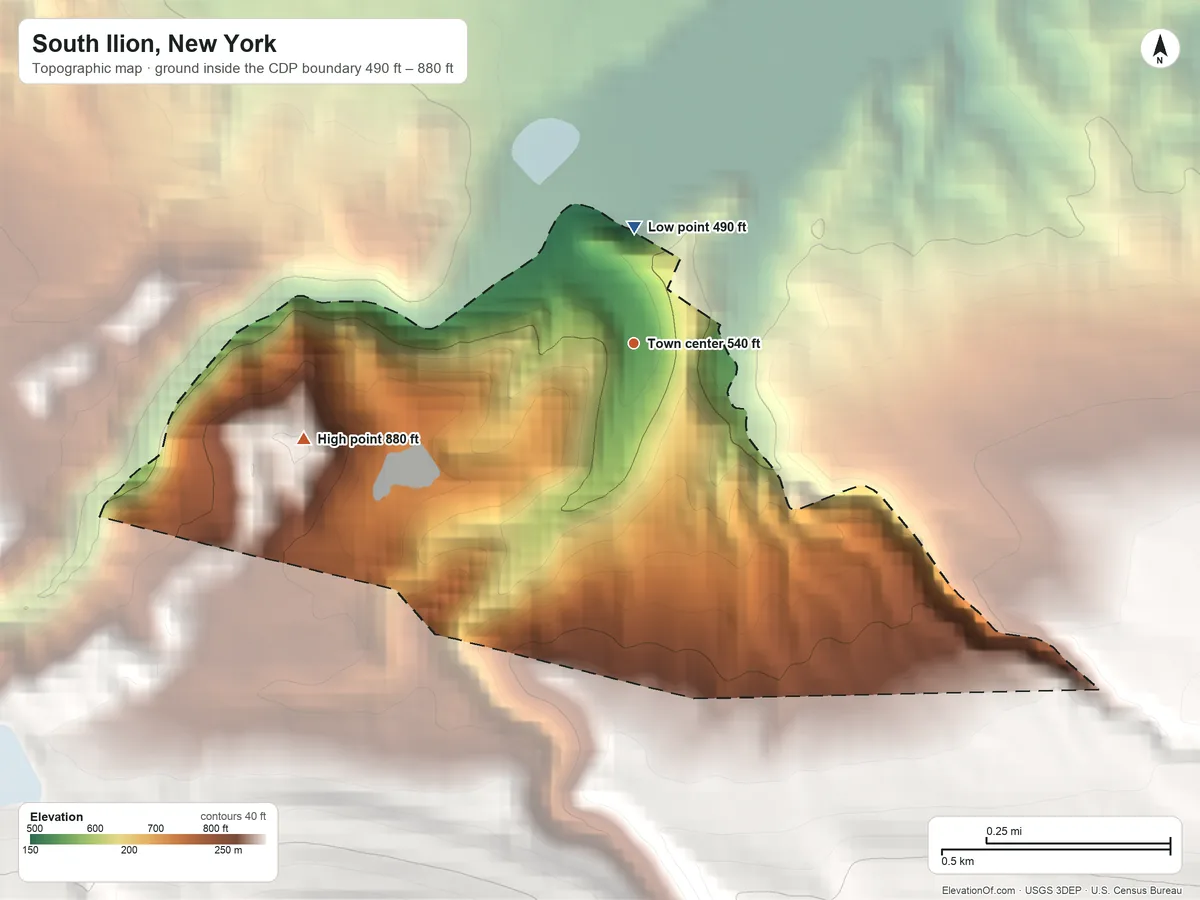 Topographic elevation map of South Ilion, New York, shaded from 490 ft on the north side to 880 ft on the west edge, below higher ground just outside