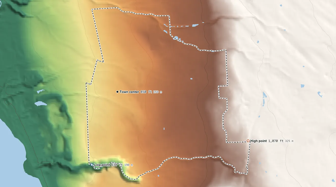 Topographic elevation map of South Lansing, New York, shaded from 630 ft on the south side to 1,070 ft on the east side