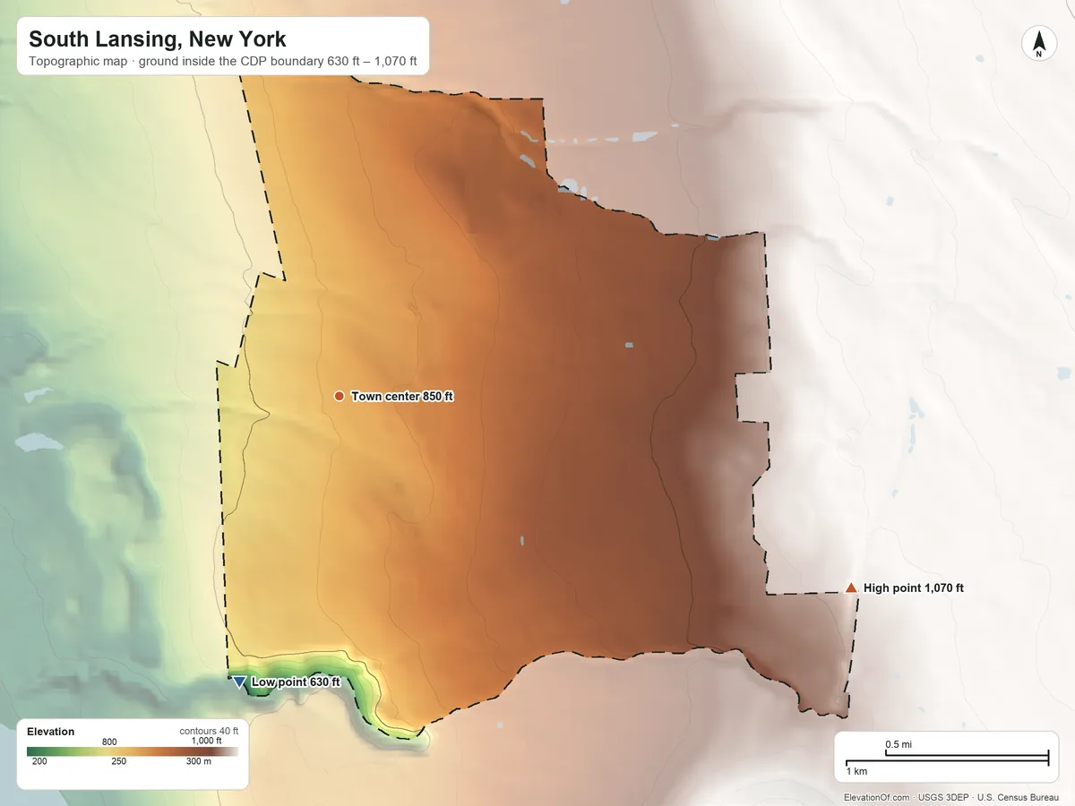 Topographic elevation map of South Lansing, New York, shaded from 630 ft on the south side to 1,070 ft on the east side