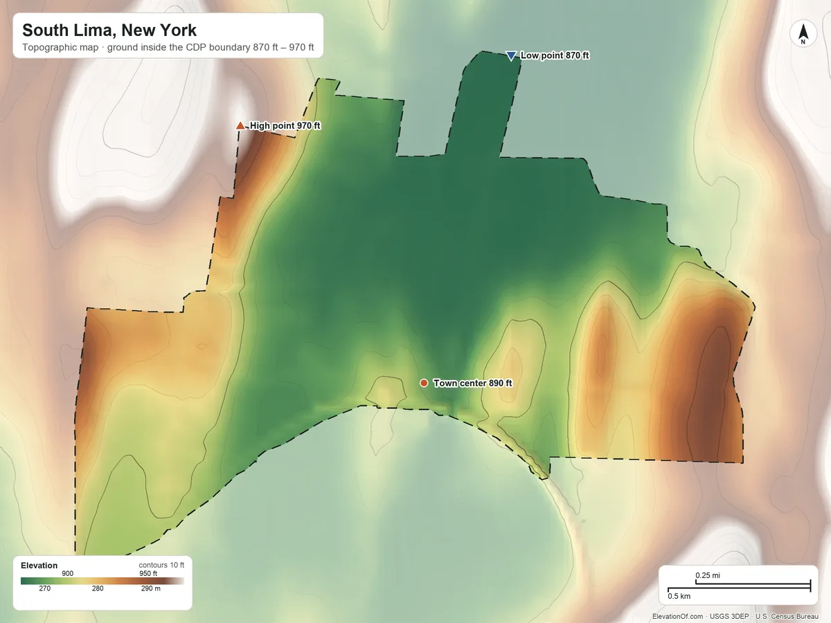 Topographic elevation map of South Lima, New York, shaded from 870 ft on the north side to 970 ft on the northwest side