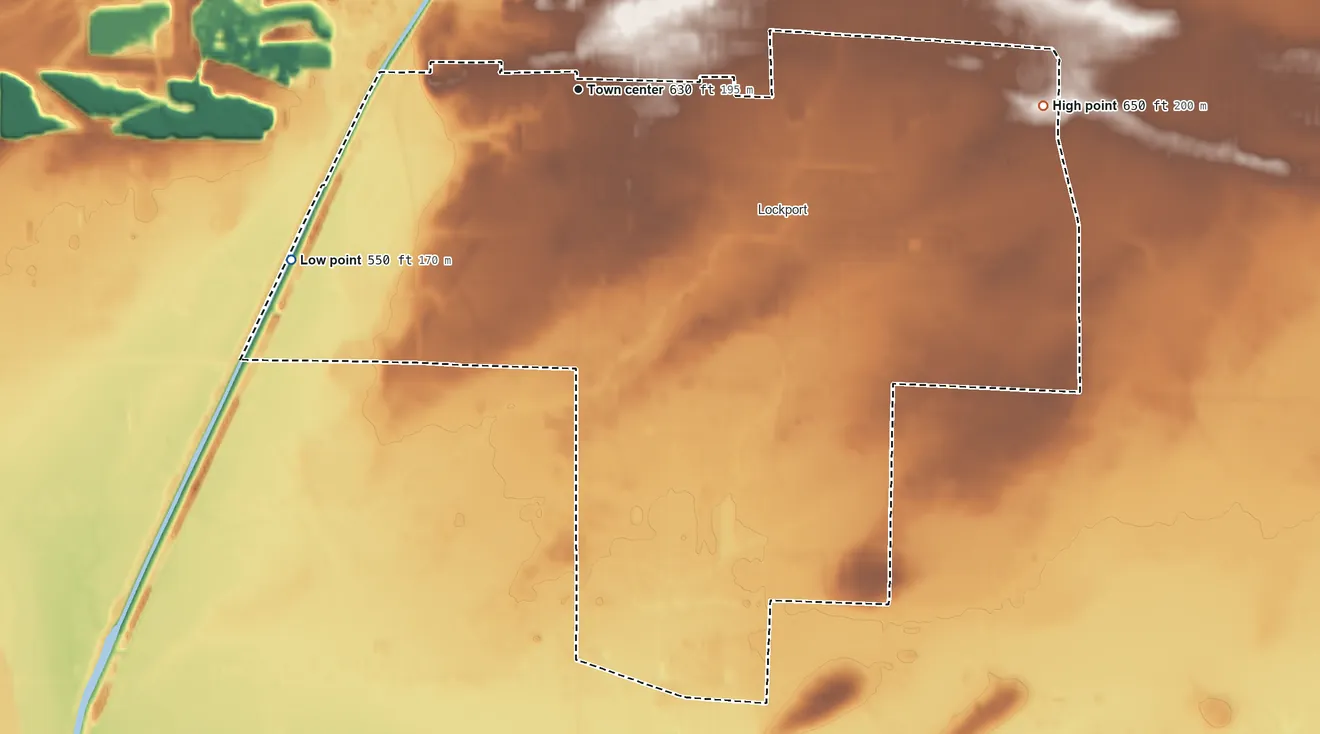 Topographic elevation map of South Lockport, New York, shaded from 550 ft on the southwest side to 650 ft on the east side