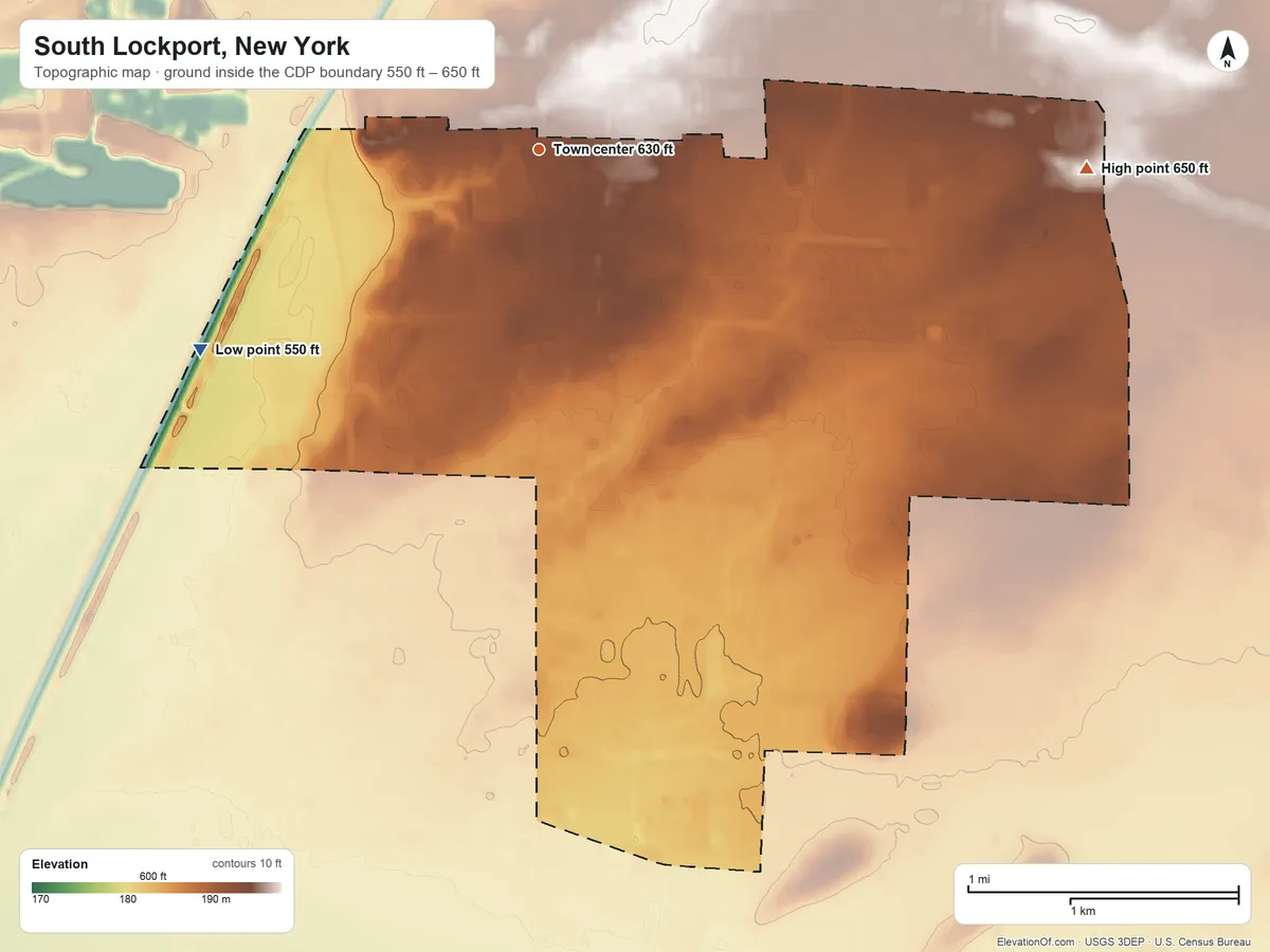 Topographic elevation map of South Lockport, New York, shaded from 550 ft on the southwest side to 650 ft on the east side
