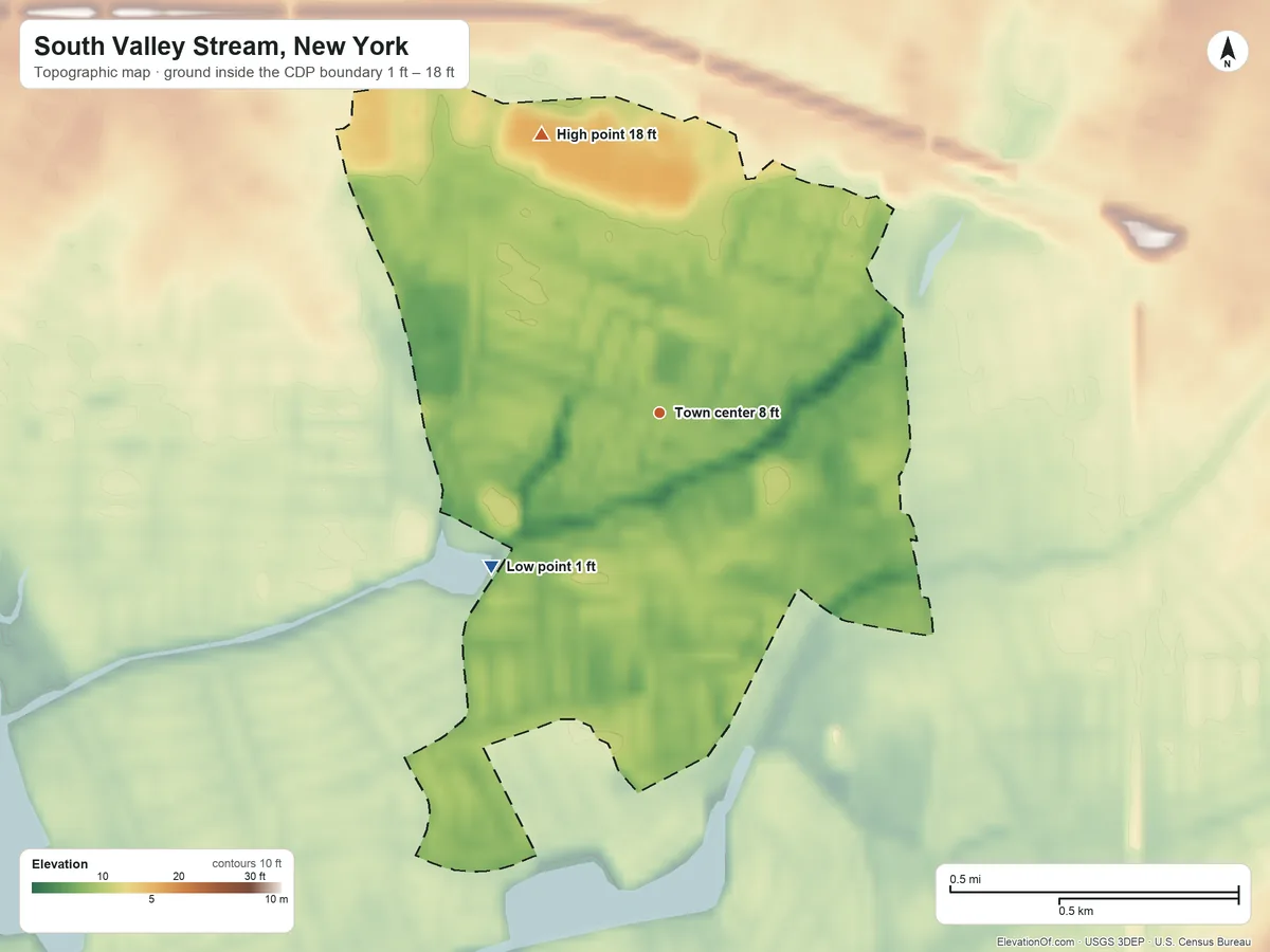 Topographic elevation map of South Valley Stream, New York, shaded from 1 ft on the southwest side to 18 ft on the northwest side