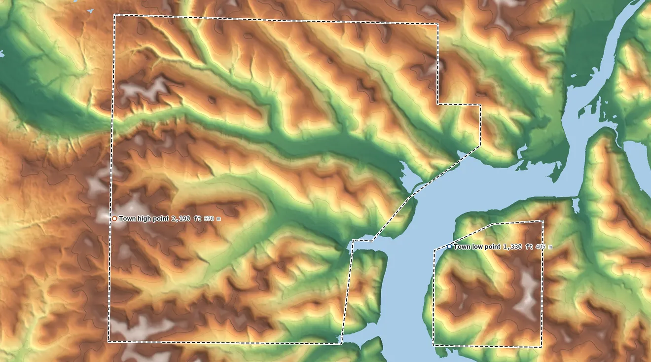 Topographic elevation map of South Valley, New York, shaded from 1,330 ft on the southeast side to 2,190 ft on the west side