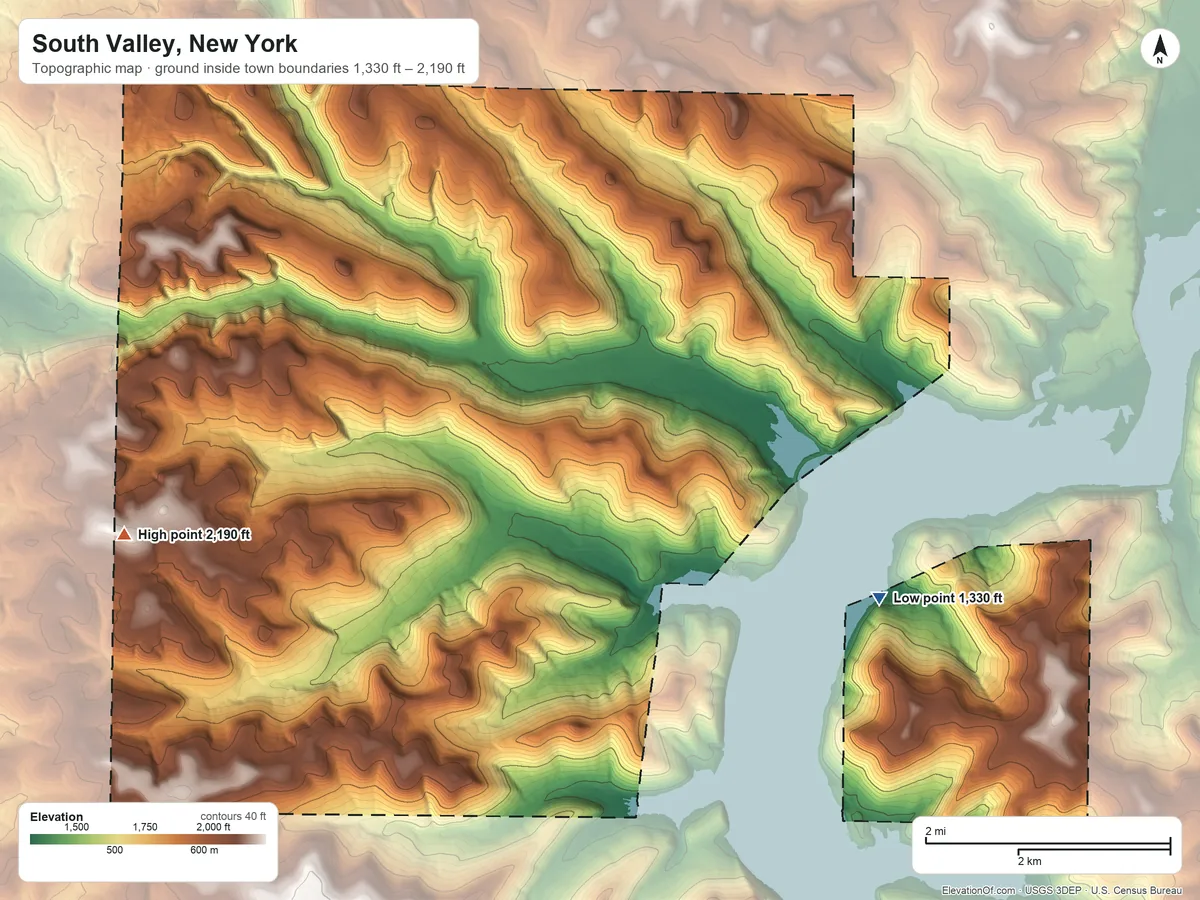Topographic elevation map of South Valley, New York, shaded from 1,330 ft on the southeast side to 2,190 ft on the west side