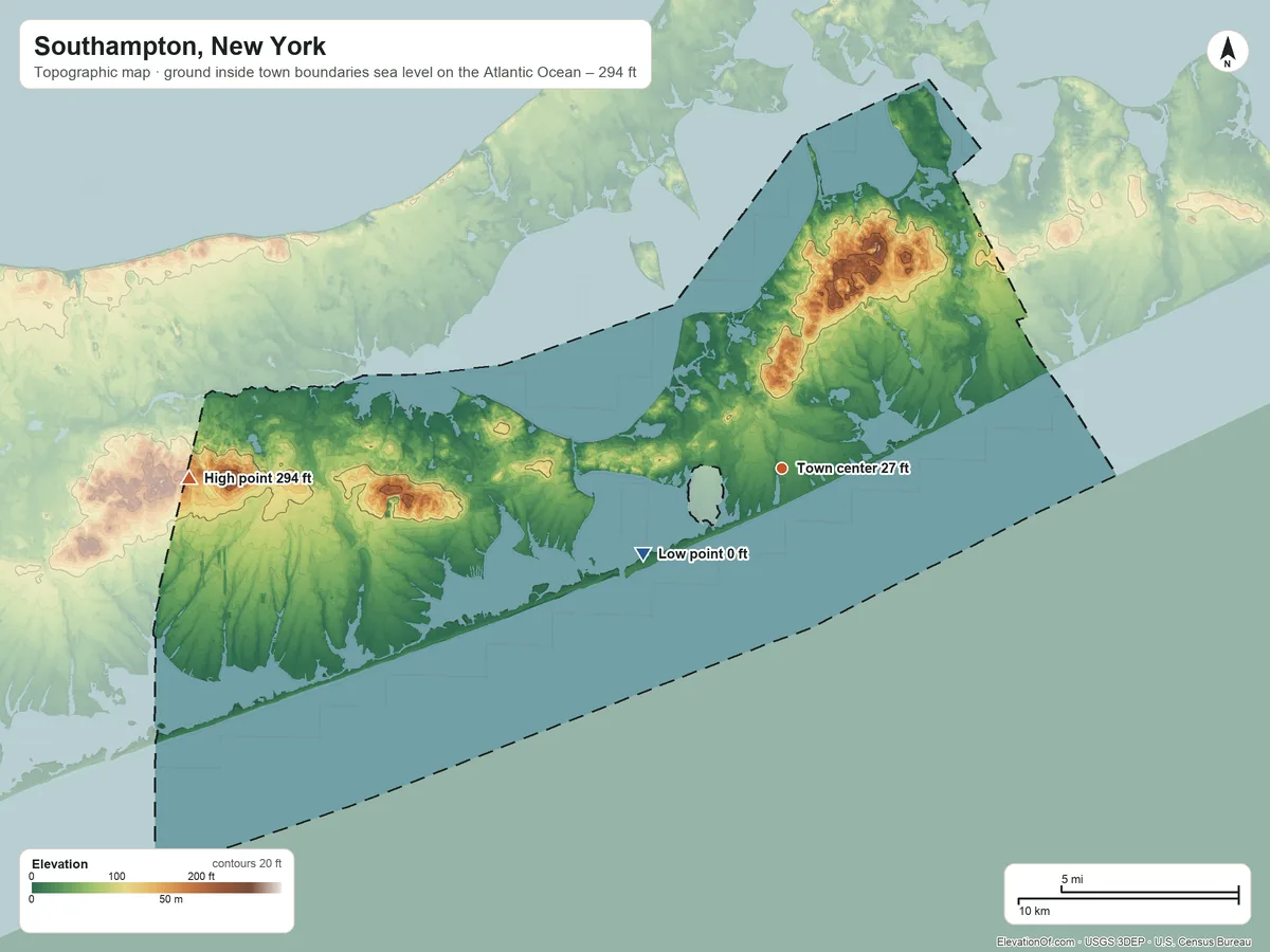 Topographic elevation map of Southampton, New York, shaded from sea level level on the Atlantic Ocean to 294 ft on Bald Hill