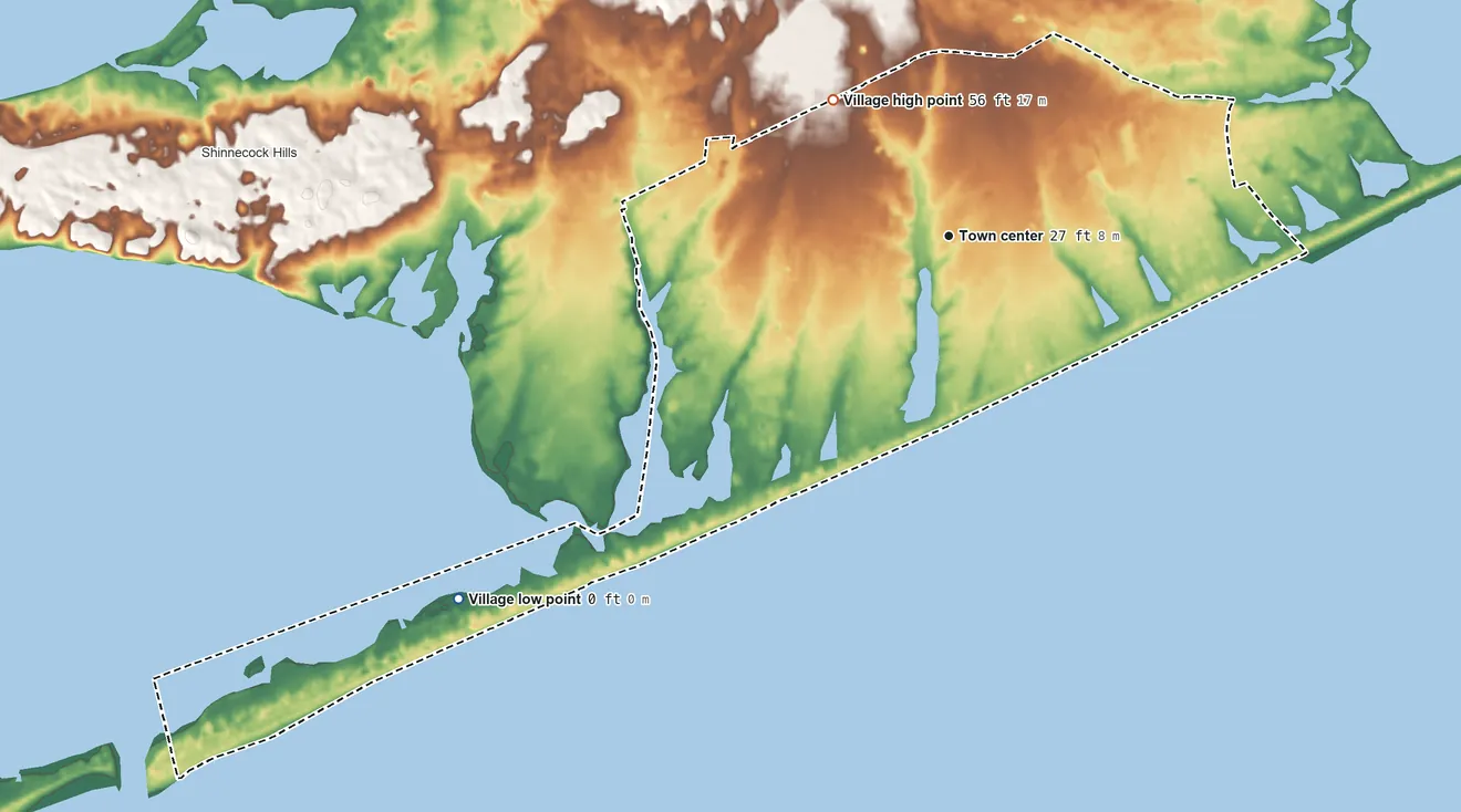 Topographic elevation map of Village of Southampton, New York, shaded from sea level level on the Atlantic Ocean to 56 ft on the northwest side