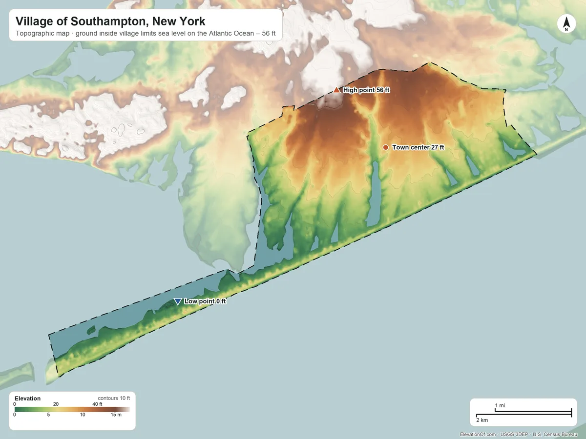 Topographic elevation map of Village of Southampton, New York, shaded from sea level level on the Atlantic Ocean to 56 ft on the northwest side