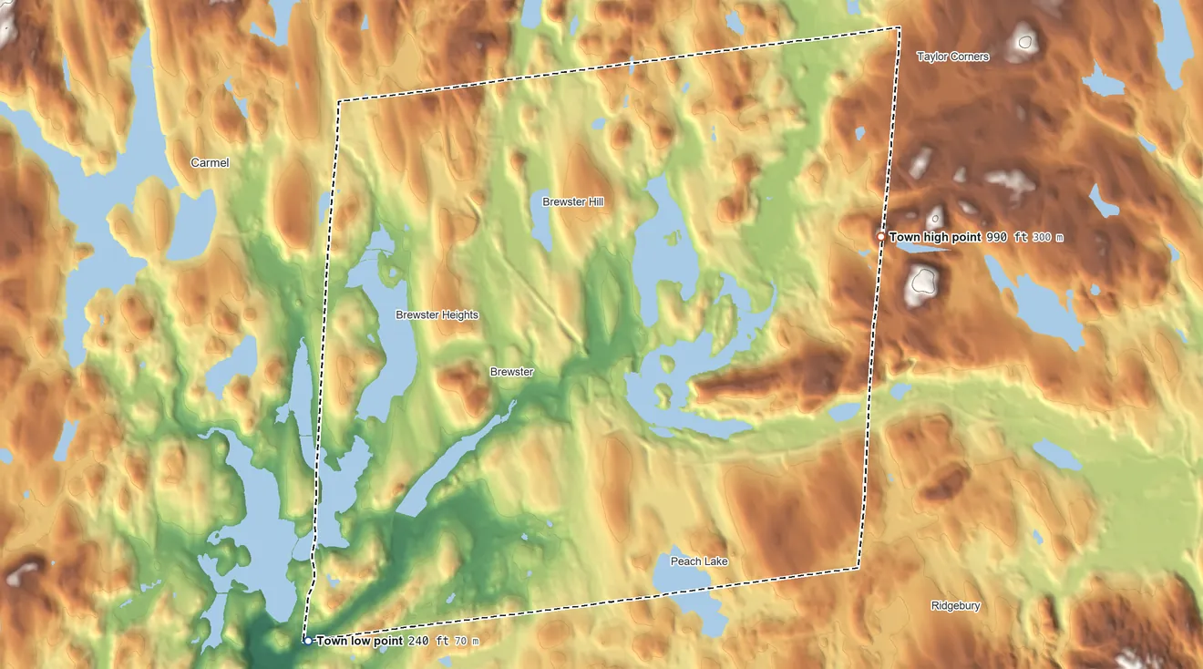 Topographic elevation map of Southeast, New York, shaded from 240 ft on the southwest side to 990 ft on the east side