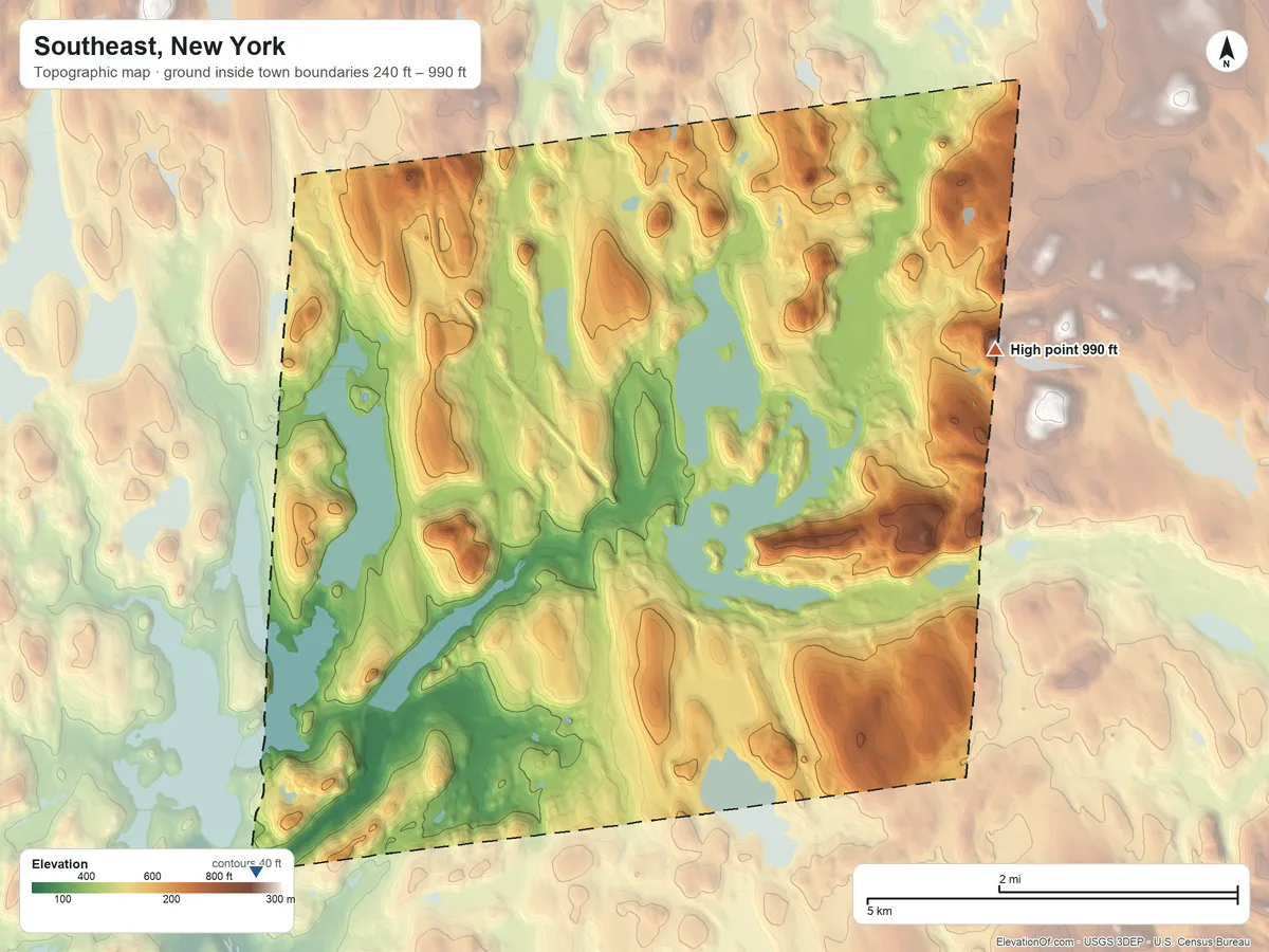 Topographic elevation map of Southeast, New York, shaded from 240 ft on the southwest side to 990 ft on the east side