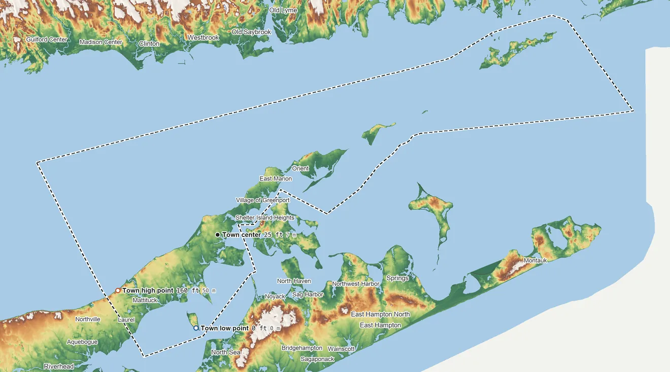 Topographic elevation map of Southold, New York, shaded from sea level level on Great Peconic Bay to 160 ft on Mattituck Hills