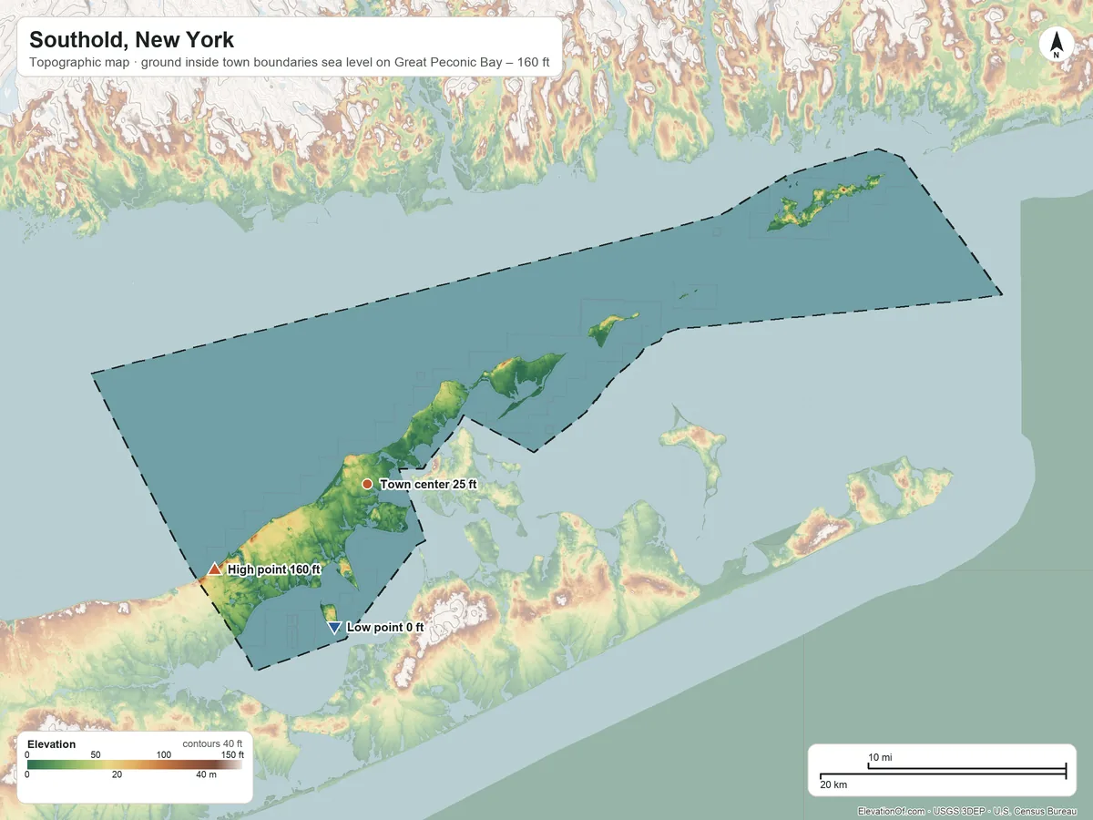 Topographic elevation map of Southold, New York, shaded from sea level level on Great Peconic Bay to 160 ft on Mattituck Hills