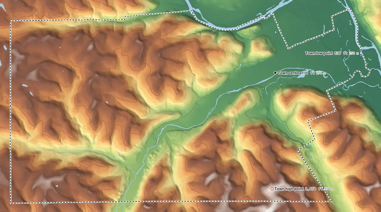 Topographic elevation map of Southport, New York, shaded from 830 ft on the east side to 1,870 ft on the south side