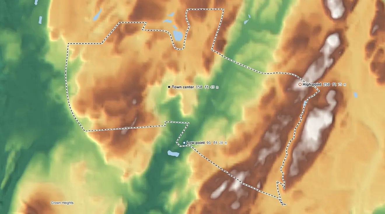 Topographic elevation map of Spackenkill, New York, shaded from 91 ft on the south side to 250 ft on the east side