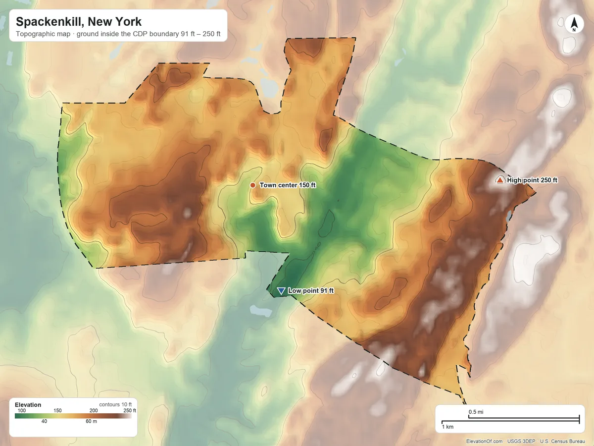 Topographic elevation map of Spackenkill, New York, shaded from 91 ft on the south side to 250 ft on the east side