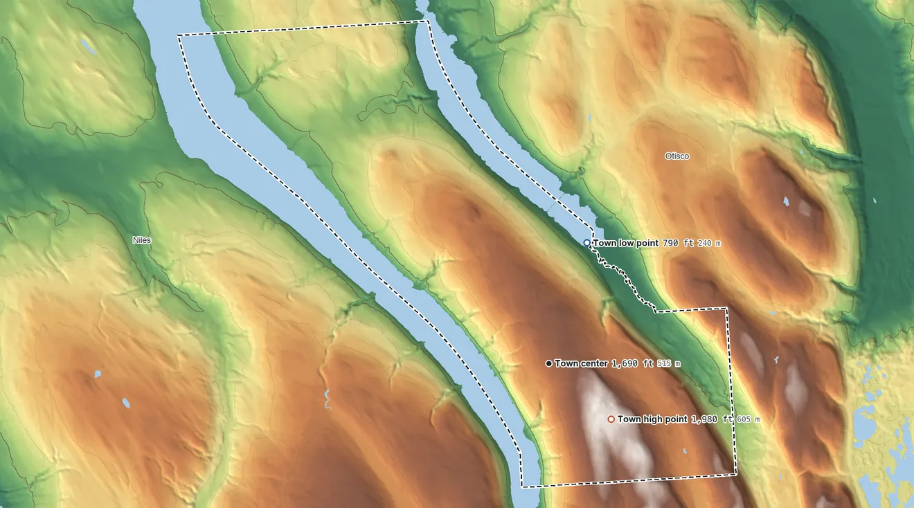 Topographic elevation map of Spafford, New York, shaded from 790 ft on the north side to 1,980 ft on Ripley Hill