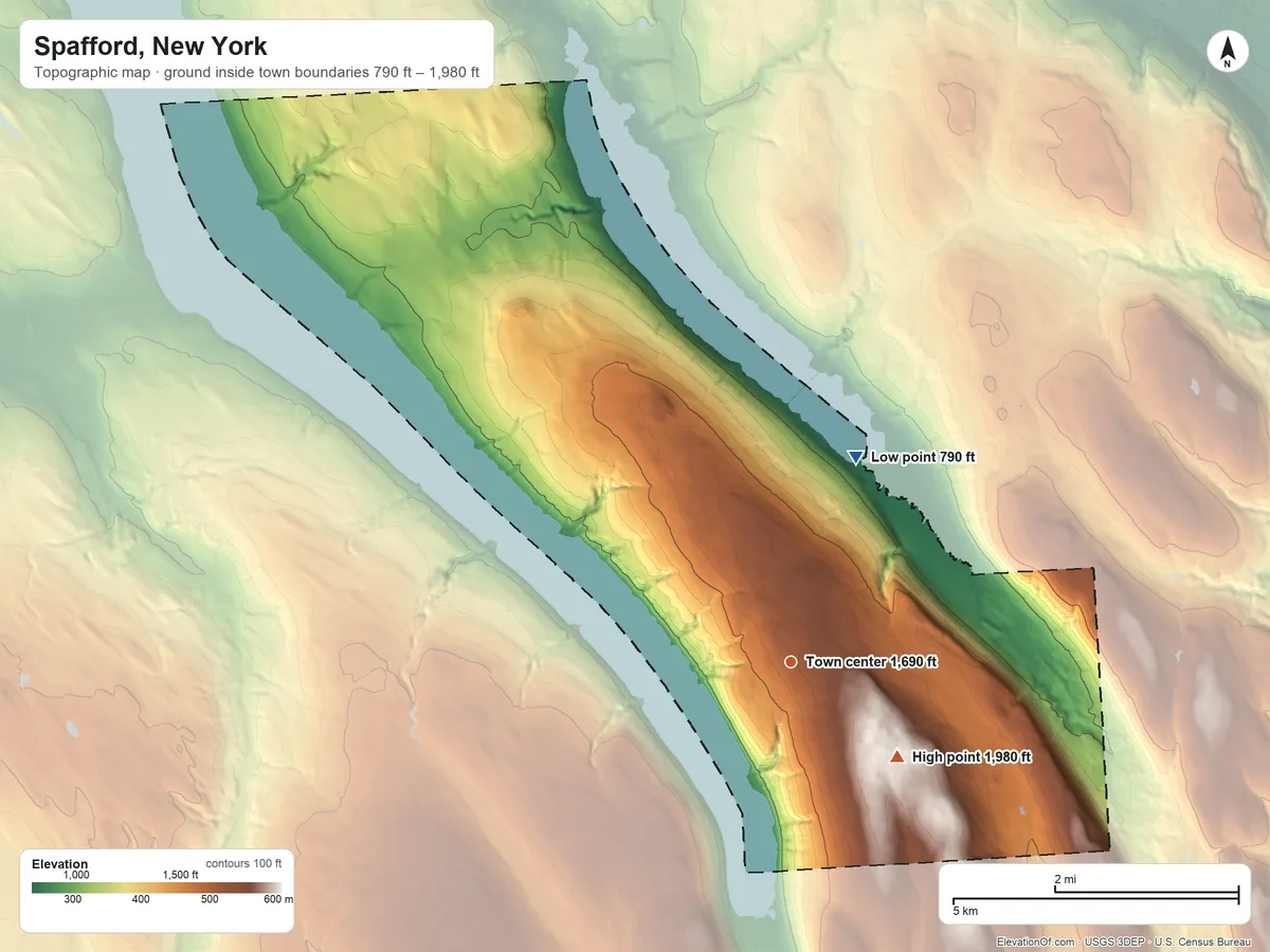 Topographic elevation map of Spafford, New York, shaded from 790 ft on the north side to 1,980 ft on Ripley Hill