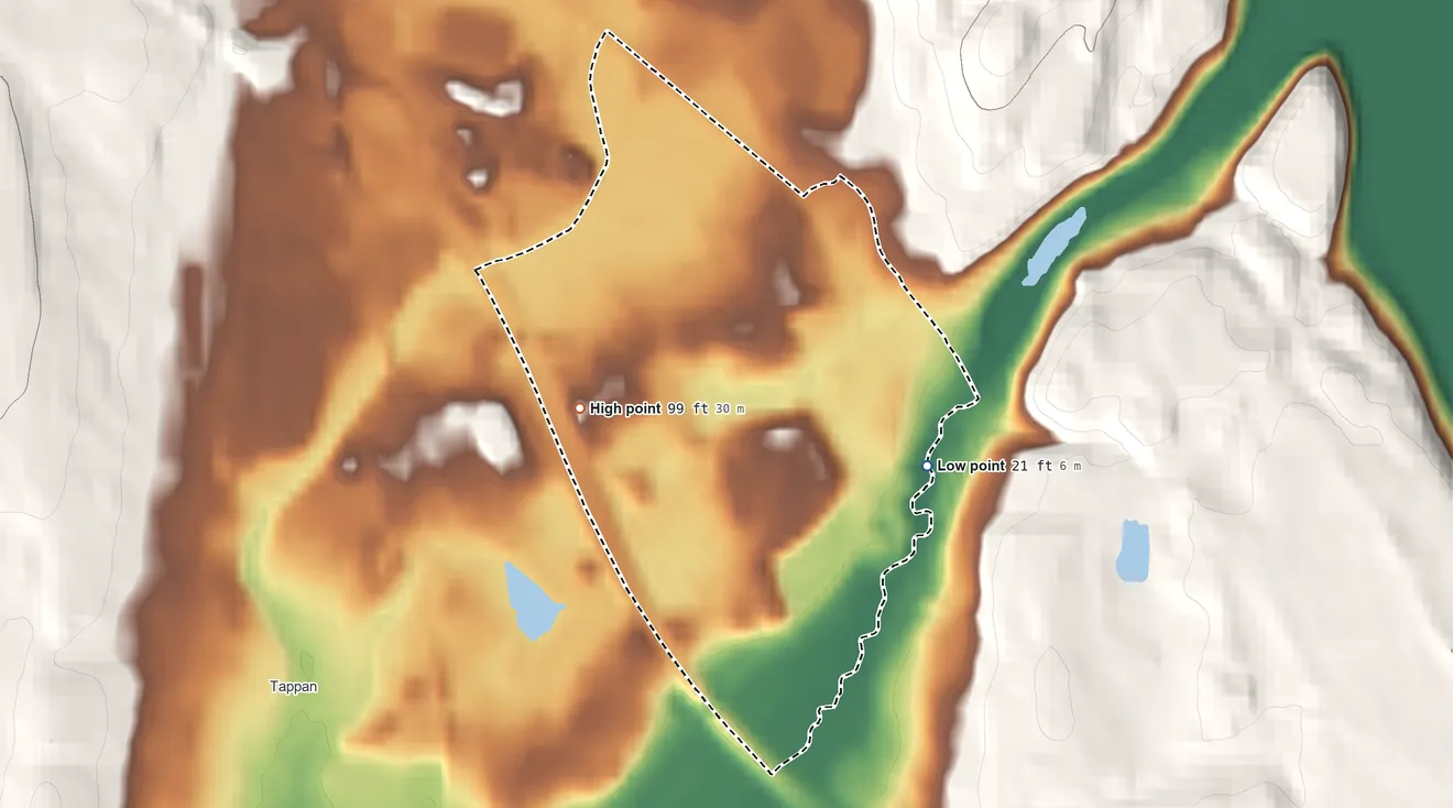 Topographic elevation map of Sparkill, New York, shaded from 21 ft on the southeast side to 99 ft at the foot of the Pocantico Hills