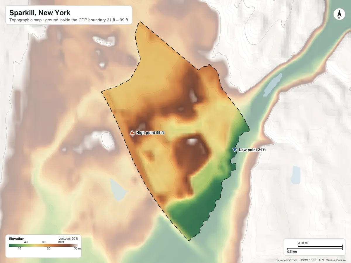 Topographic elevation map of Sparkill, New York, shaded from 21 ft on the southeast side to 99 ft at the foot of the Pocantico Hills
