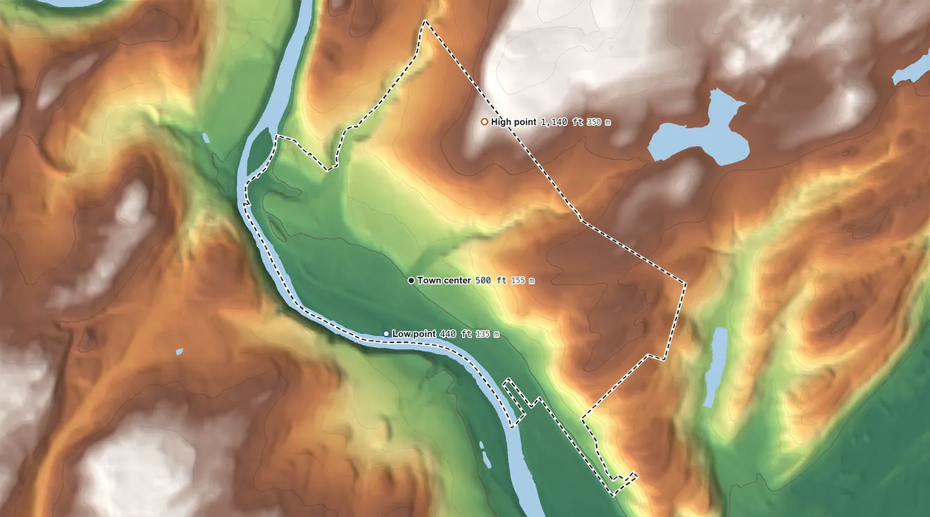 Topographic elevation map of Sparrow Bush, New York, shaded from 440 ft near the middle to 1,140 ft on the northeast side