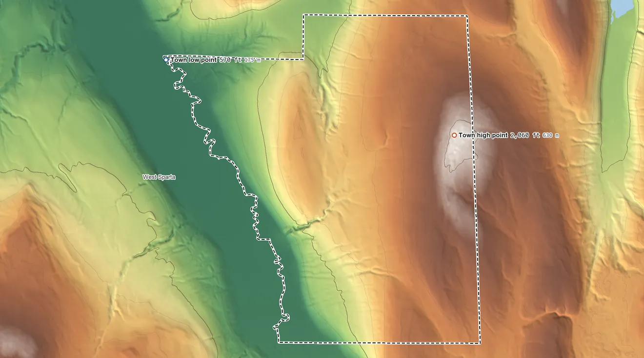 Topographic elevation map of Sparta, New York, shaded from 570 ft on the northwest side to 2,060 ft on the east side