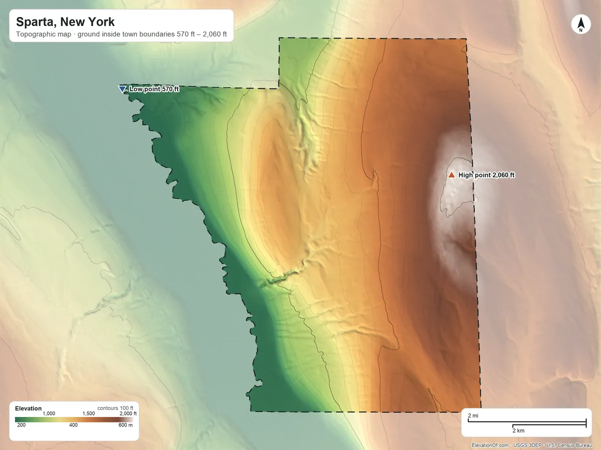 Topographic elevation map of Sparta, New York, shaded from 570 ft on the northwest side to 2,060 ft on the east side