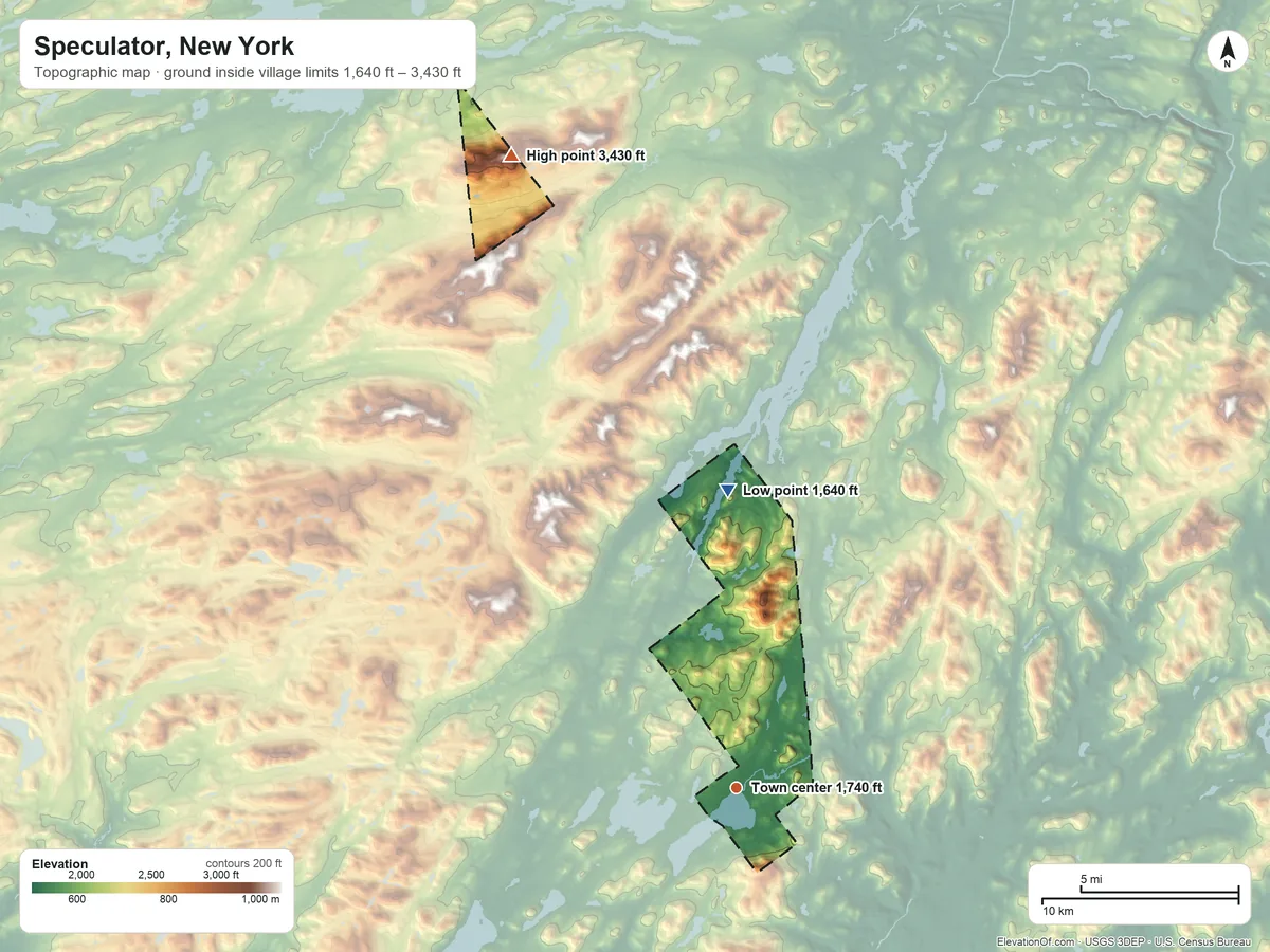Topographic elevation map of Speculator, New York, shaded from 1,640 ft on the north side to 3,430 ft on the north side
