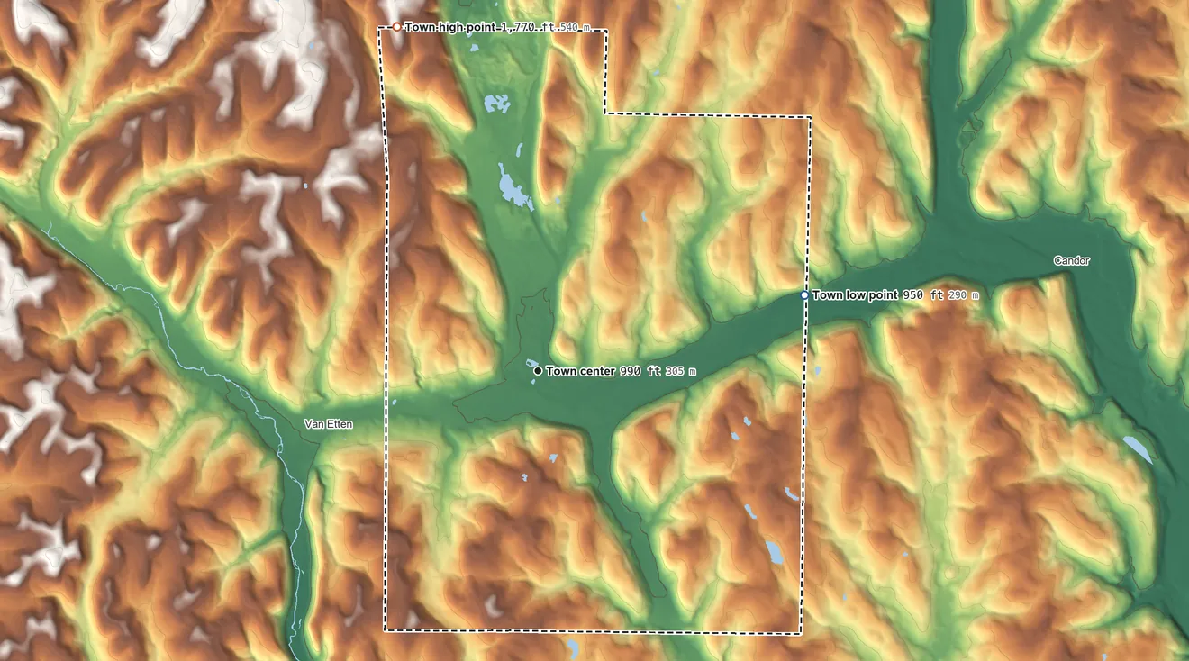 Topographic elevation map of Spencer, New York, shaded from 950 ft on the east side to 1,770 ft on the north side
