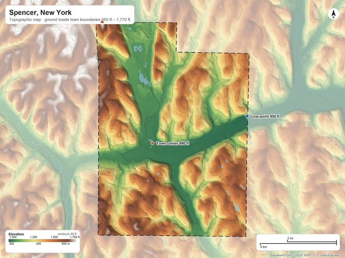 Topographic elevation map of Spencer, New York, shaded from 950 ft on the east side to 1,770 ft on the north side