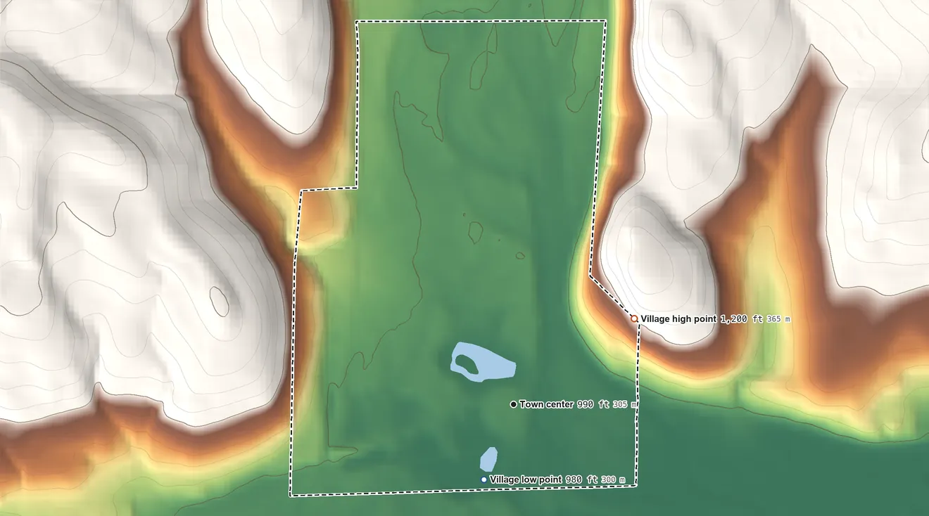 Topographic elevation map of Village of Spencer, New York, shaded from 980 ft on the south side to 1,200 ft on the northeast edge, below higher ground just outside