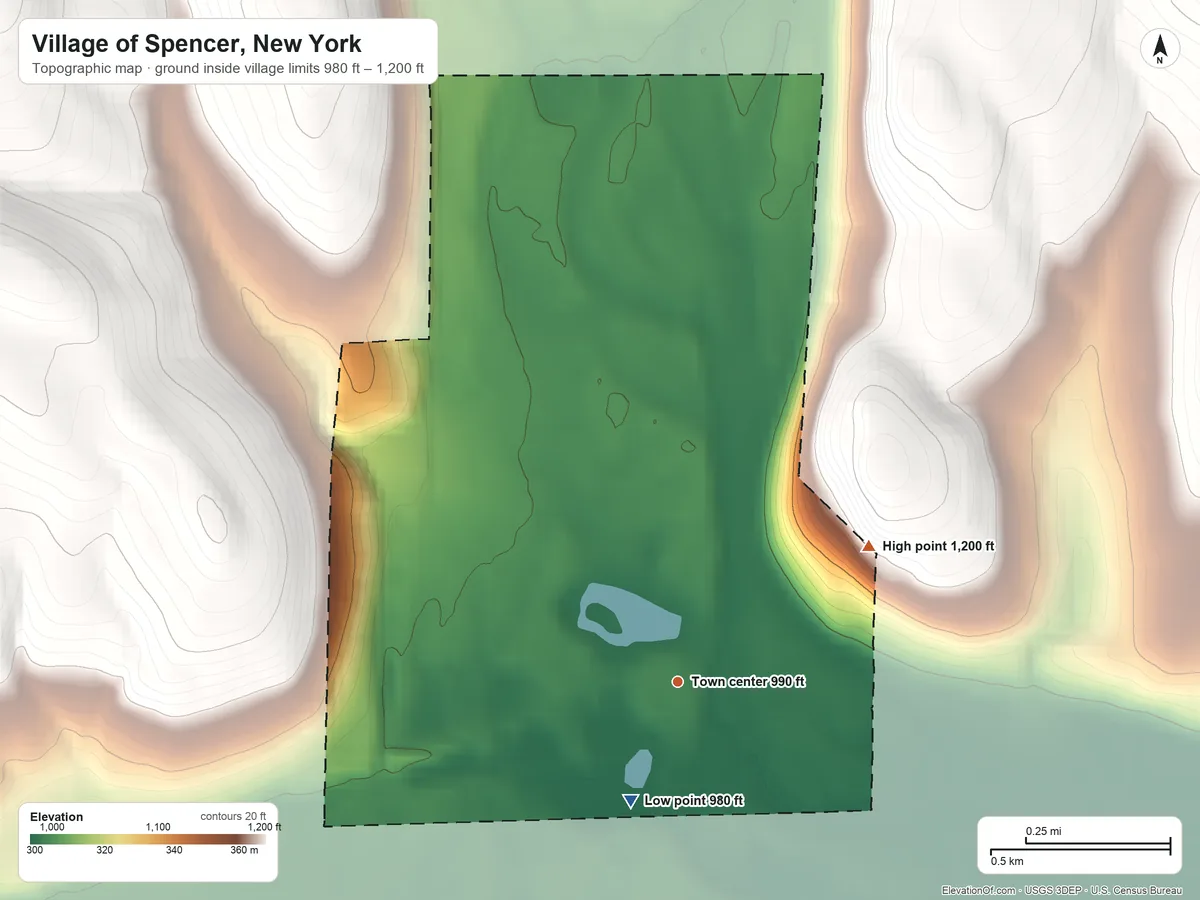 Topographic elevation map of Village of Spencer, New York, shaded from 980 ft on the south side to 1,200 ft on the northeast edge, below higher ground just outside
