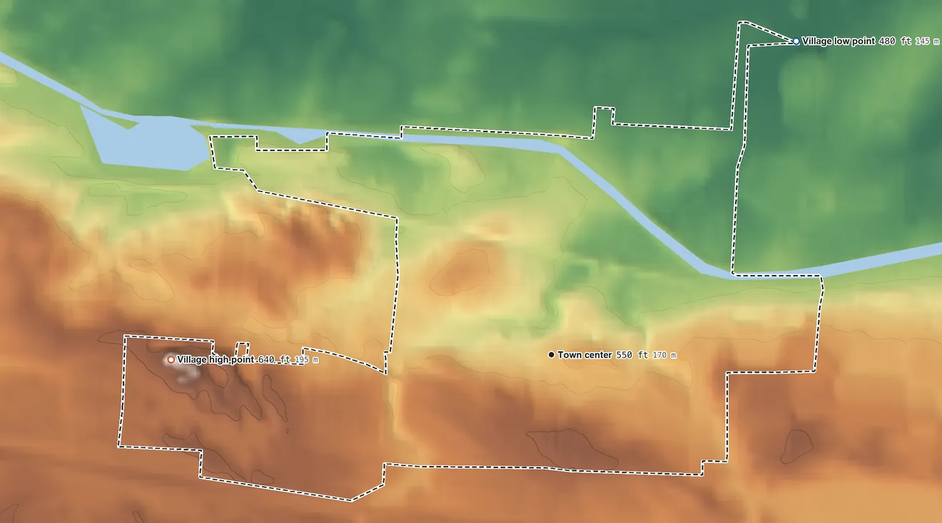 Topographic elevation map of Spencerport, New York, shaded from 480 ft on the northeast side to 640 ft on the west side
