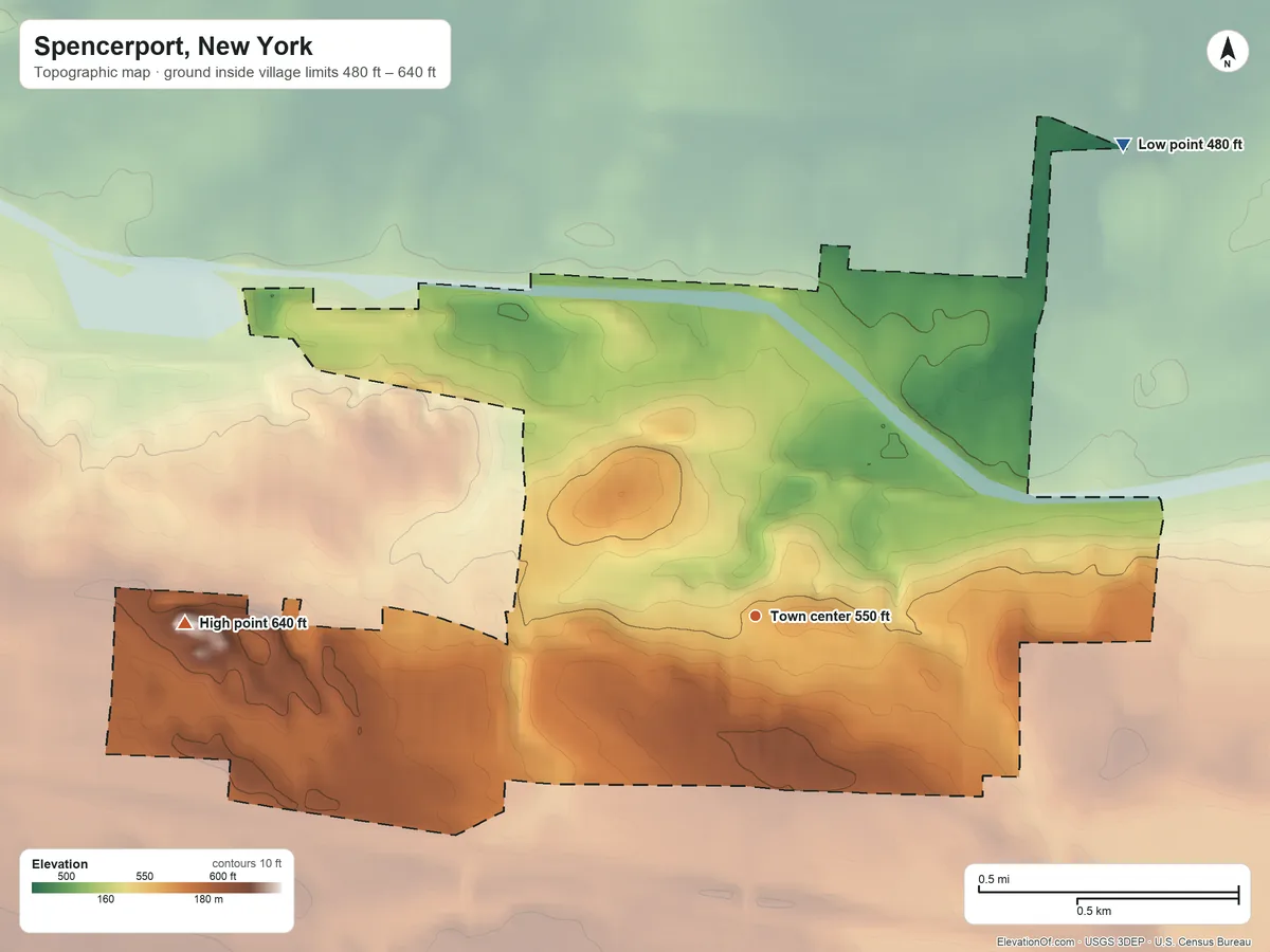 Topographic elevation map of Spencerport, New York, shaded from 480 ft on the northeast side to 640 ft on the west side