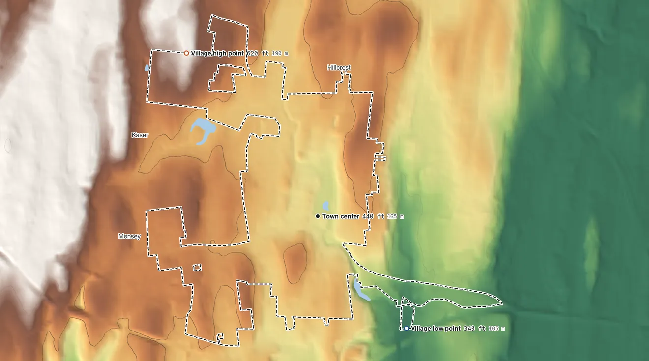 Topographic elevation map of Spring Valley, New York, shaded from 340 ft on the southeast side to 620 ft on the northwest side